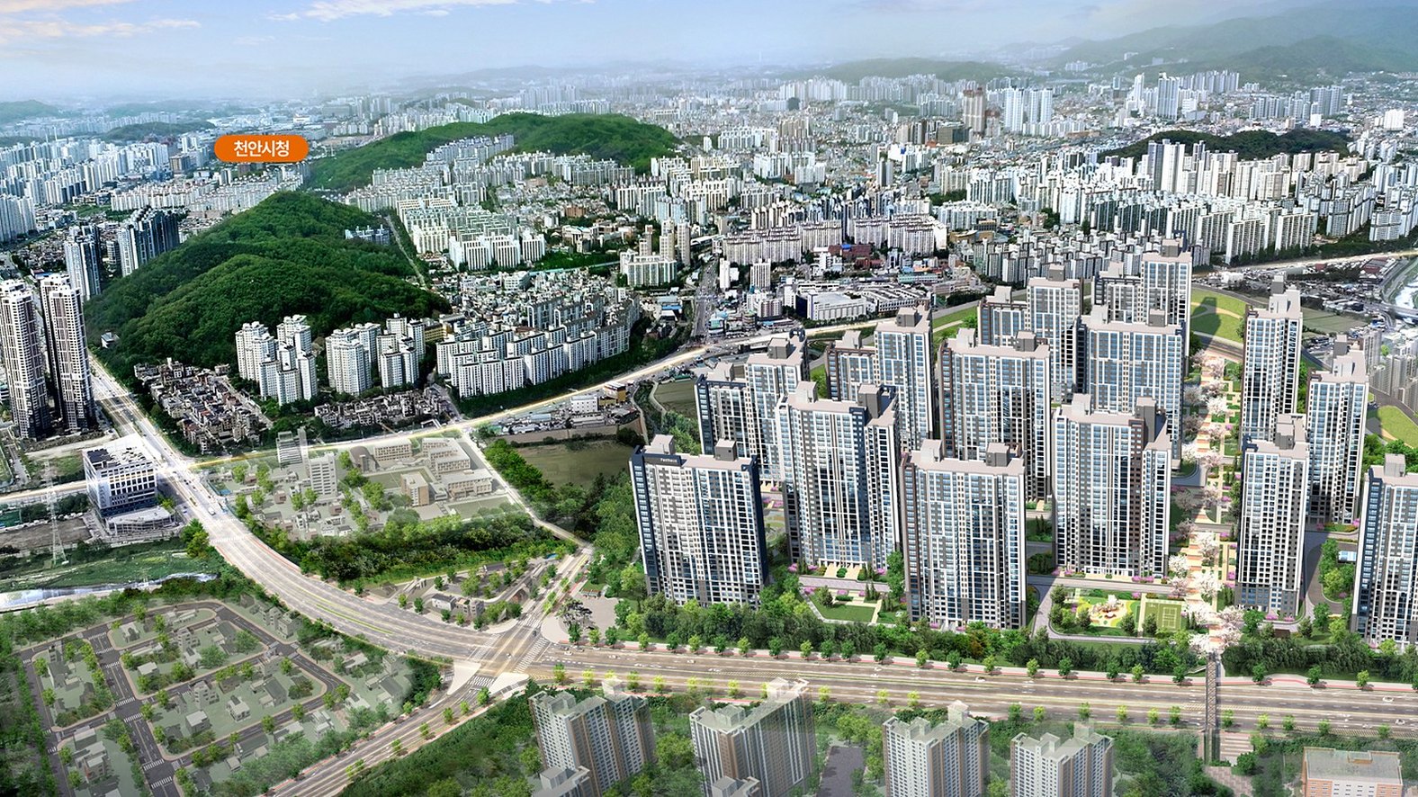 천안아산역 그랑시티 필하우스 조감도 — 천안아산역·복합환승센터(예정) 방면 (CG)