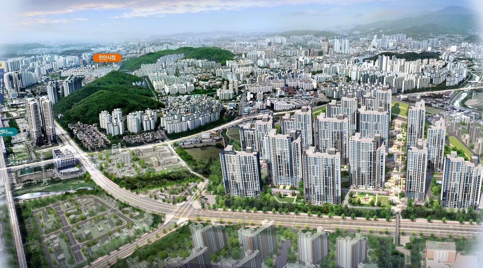천안아산역 그랑시티 필하우스 조감도 — 천안아산역·아산역·복합환승센터(예정) 방면 (CG)