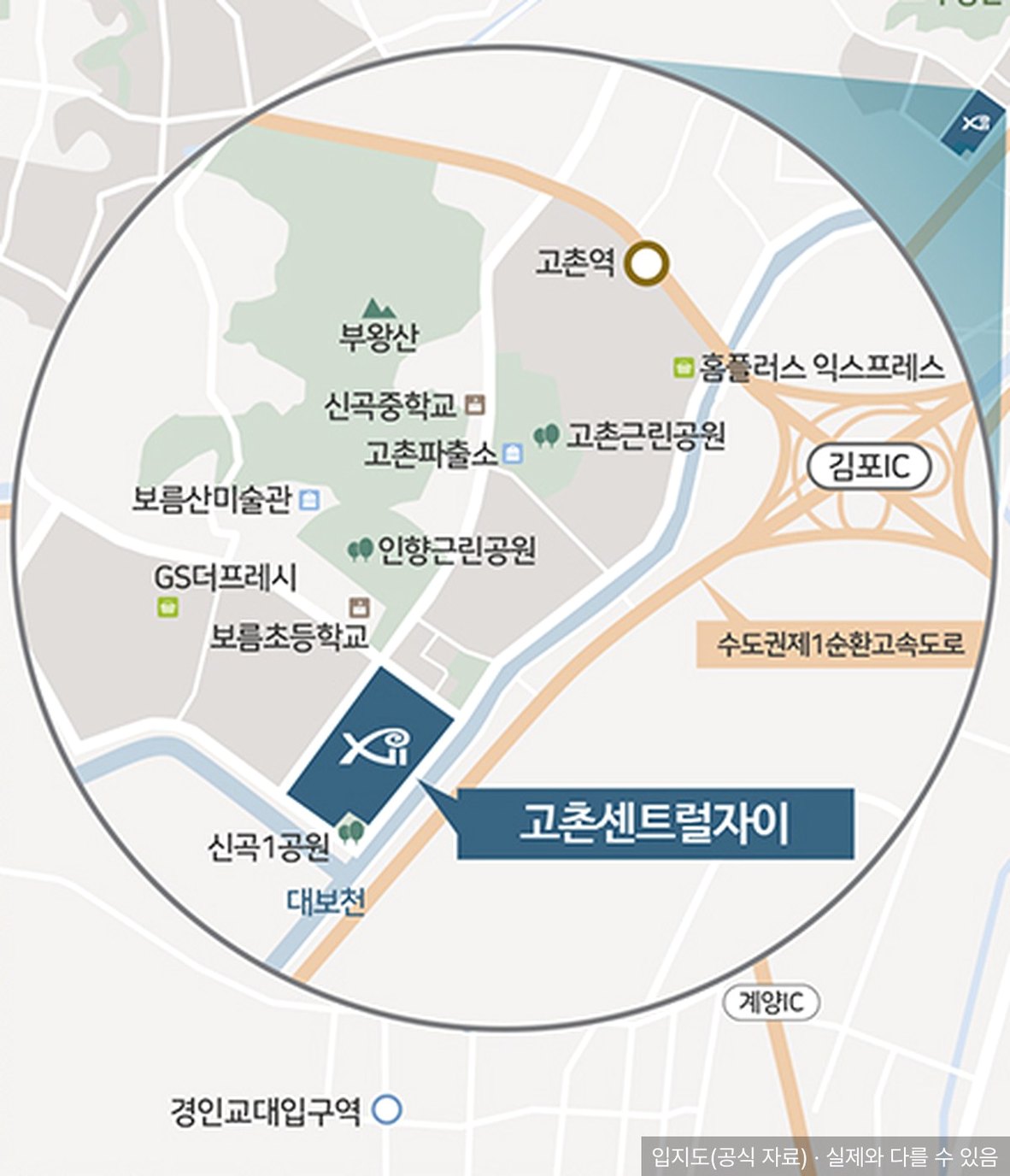 고촌센트럴자이 단지 주변 확대 입지도 — 고촌역 · 김포IC · 보름초 (공식 자료)