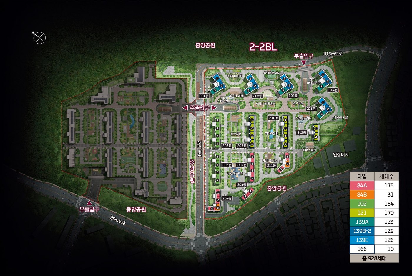 2-2BL 단지 배치도 · 201~214동과 타입별 세대수