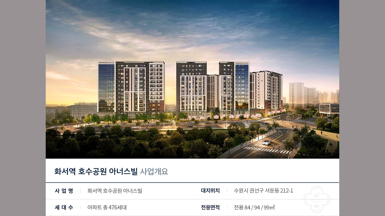 화서역 호수공원 아너스빌 조감도와 사업개요 — 7개동 476세대 · 전용 84·94·99㎡