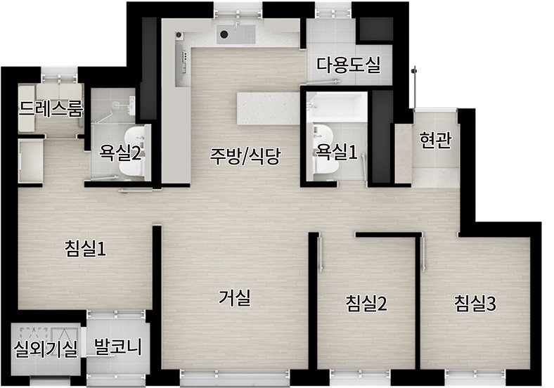 단위세대 평면 예시 ,  침실 3개 구성 (주택형별 실제 평면은 견본주택에서 확인)